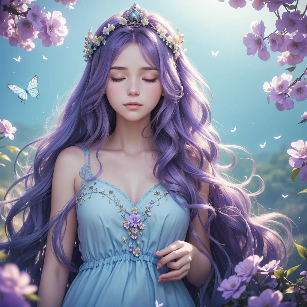 best quality,ultra-detailed,realistic, vivid colors, studio lighting, HDR, 8k, masterpiece:1.2, long luscious rainbow-colored hair, shining silver horn, gentle and serene expression, mesmerizing purple eyes, elegant and graceful posture, beautiful butterfly wings, flowing and iridescent gown, surrounded by blooming flowers, ethereal and magical atmosphere, fantasy art, dreamlike scenery, soft and warm color tones