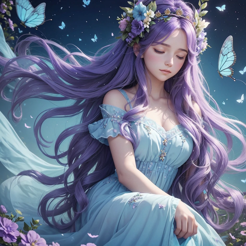 (Very detailed, best quality), floating, Extremely exquisite and beautiful dream scenes,, , [(1 girl),(long purple hair), Detailed face, neck strap, Elegant Blue Dress, Standing in the clouds, (Wide-angle lens), (mysterious atmosphere):1.5],, , [(butterfly wings),(Furry cat),(bouquet),(fairy tale), (Sunlight),(soft light),(pastel colors),(flash):0.8]