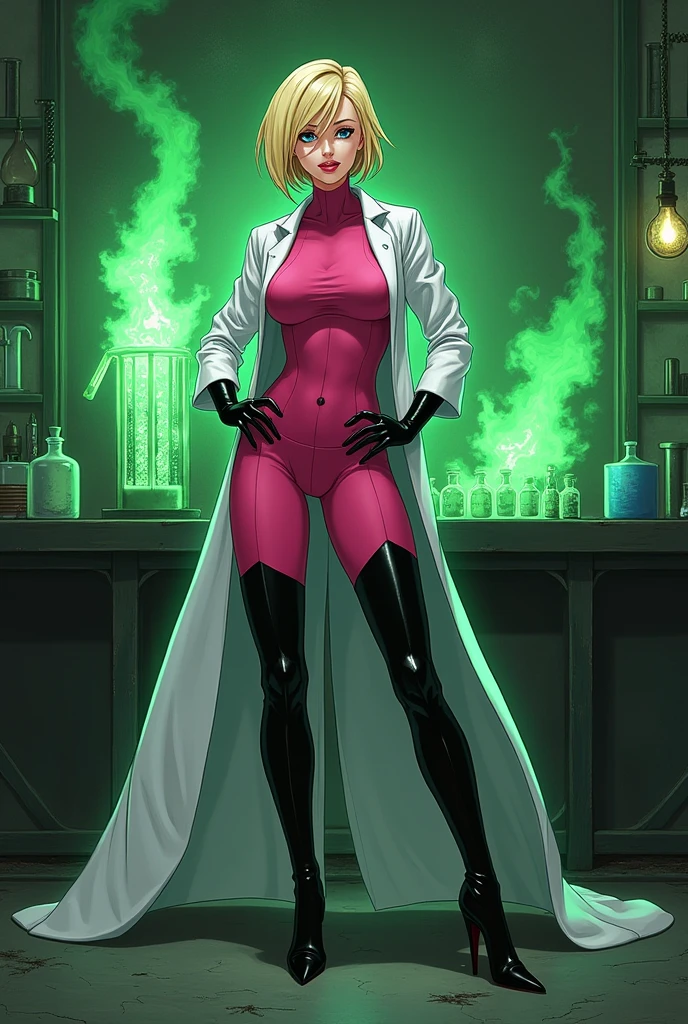 Anime style, Sultry and Beautiful young woman with a soul of pure evil and hatred. Short blonde hair that covers her left eye and blue eyed supervillain dressed in a sleek skintight pink bodysuit, long black gloves and black calf high boots. A long white lab coat over her bodysuit competes the look. She is posing and emanating green energy. She has a smile crossing her thin red lips. The setting is a dirty laboratory with a captured costumed hero in a cage. She is creating poisons in a lab.