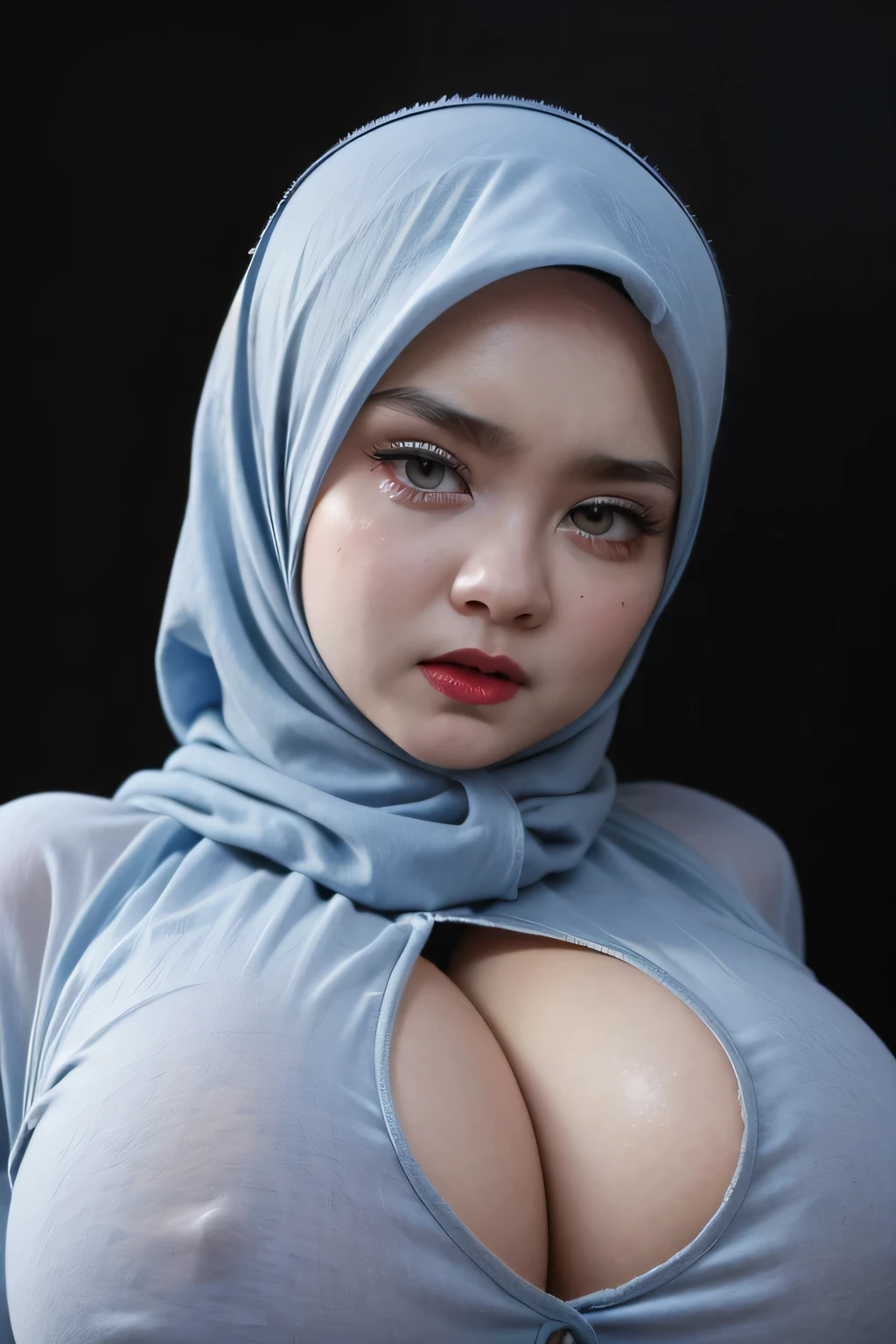 ((Red Lips)), Jumbo (Singlet), Chubby adorable, 1 girl, (face to face), , (()), angry face expression, half body portrait, (face details: 1), (eye details: 1), ((heavy breasts)). wearing transparent transparency soft long shirt, hijab, .. Cute posed. proportional body. Ultra High Res. realistic: 1.4, UHD, ((plaid pattern)), ((Bigger:2.3)), (((DARK BACKGROUND)))