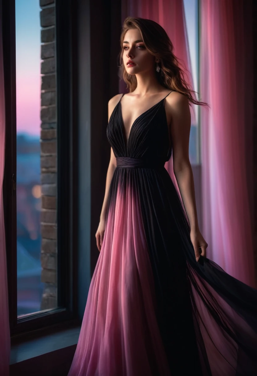 closeup shot, woman in a dress standing in front of a window, romanticism, in evening gown, flowing gown, wearing a flowing dress, mysterious woman, haunting beautiful young woman, wearing a black flowing dress, flowing dress, woman in dress, extremely moody pink lighting,