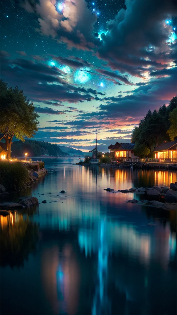 (Realistic:1.3), In detail, quality, Rembrandt Lighting, (masterpiece:1.2), (photoRealistic:1.2), (best quality), (Intricate details), dramatic, Ray Tracing, lake, (Long-distance shots, Establishing Shot:1.5), water, (reflection:1.1), Night Sky,milky way, 