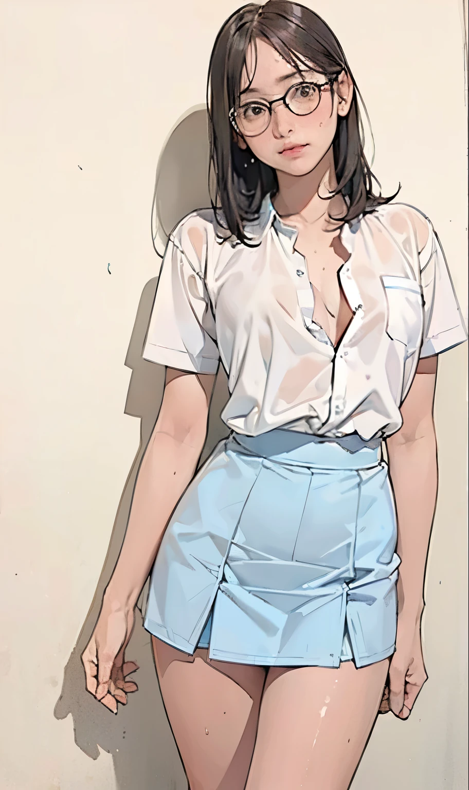 1 girl, (((at park))), (transparent white shirt), (wet shirt), (mini skirt), (pastel blue skirt), RAW photo, (photorealistic:1.37, realistic), highly detailed CG unified 8K wallpapers, 1girl, ((slender body:1)), (small breasts:1.3), looking at viewer, ((straight from front)), (HQ skin:1.2), (clean skin:1.2), 8k uhd, dslr, soft lighting, high quality, film grain, Fujifilm XT3, (full body:0.8) , tokyolagii , (bold glasses), full body in, perfect body, two legs, long legs, (wide waist:1.2), (big tigh:1.3), (deep cleavage:1), ((sad)), blushing, school corridor