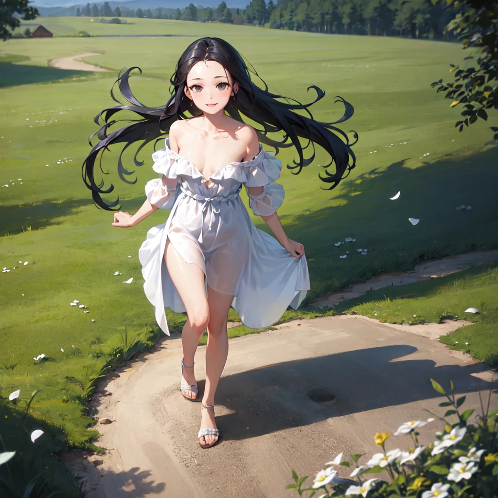 masterpiece, best quality, ultra-detailed,hyperrealistic,shiny skin,1girl,forehead,(plain forehead)+,black hair,long hair,black eyes,,(white dress,off shoulder summer dress)+,small breasts,dynamic angle,blowing in the wind,walking in the meadow,smile,fullbody shot,