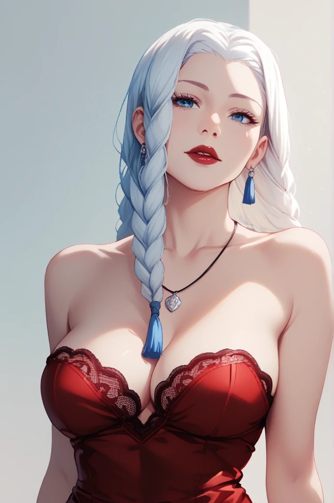 score_9, score_8_up, score_7_up, score_6_up, score_5_up, score_4_up, mei mei , blue eyes, white hair braid, large breasts, strapless lace sequin red short dress, bare shoulders, necklace,long tassel earrings ,red lipstick , detailed eyes ,bare legs,