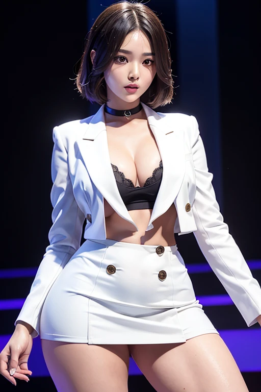 South Korean k pop actress in thick curved thighs in short white short tight blazer and tight half thighs in white tight miniskirt,at outdor,thick body posing ideas, bigg bulging muscular thighs,walking stylish