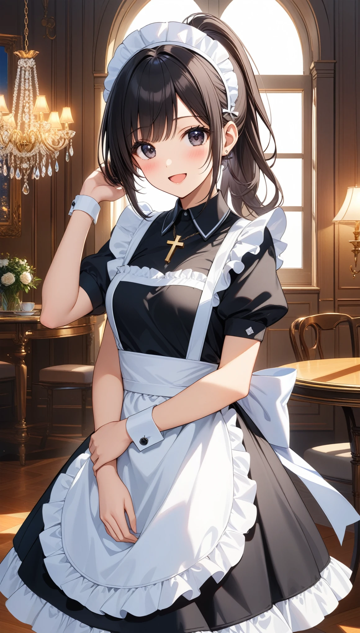 1girl, solo, breasts, looking at viewer, blush, smile, open mouth, bangs, black hair, dress, jewelry, standing, ponytail, short sleeves, :d, cowboy shot, small breasts, frills, puffy sleeves, indoors, hand up, necklace, black eyes, apron, black dress, puffy short sleeves, wrist cuffs, maid, maid headdress, window, frilled dress, cross, waist apron, white apron, maid apron, frilled apron, cross necklace, dress tug, chandelier, ((32k)), ((best quality)), ((ultra high res)), ((HDR)), ((UHD)), ((extremely detailed CG)), ((unity 32k wallpaper)),