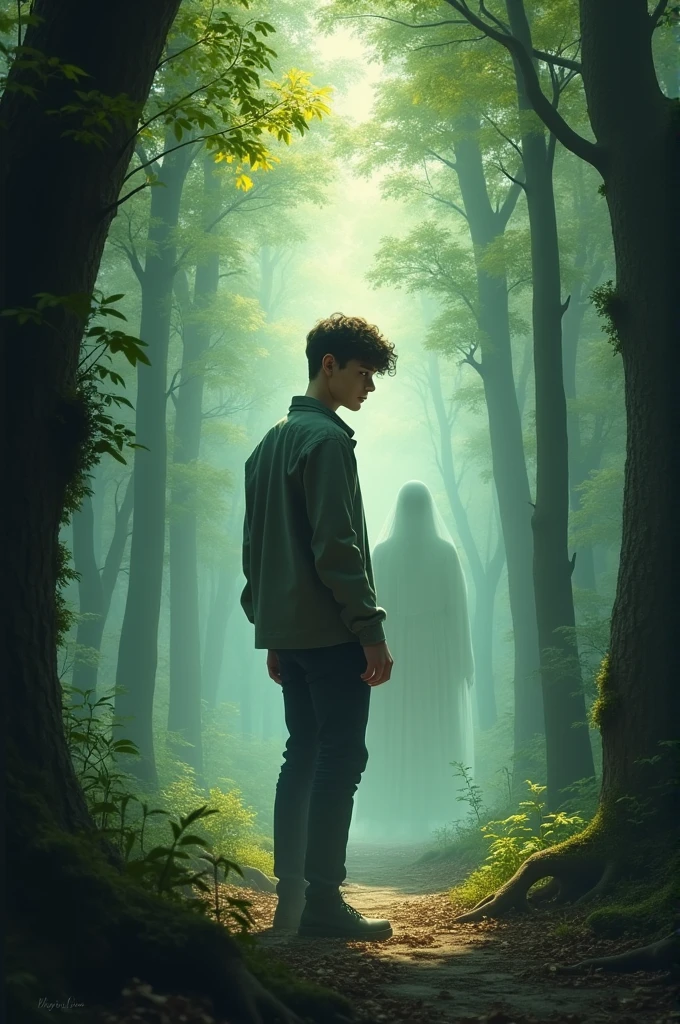 A young man in the forest who realizes there is a ghostly shadow behind him