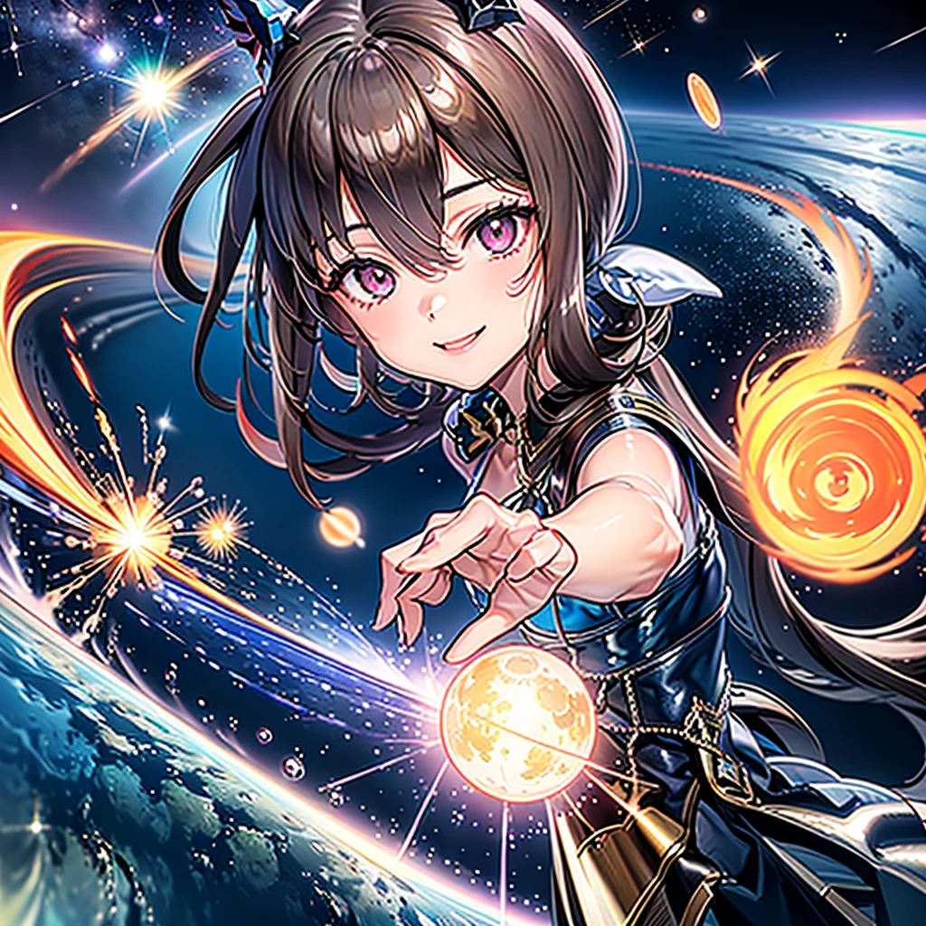 1girl, admire vega, galaxy, mid shot, smile, looking at viewer, from side, cute, aesthetic, outer space