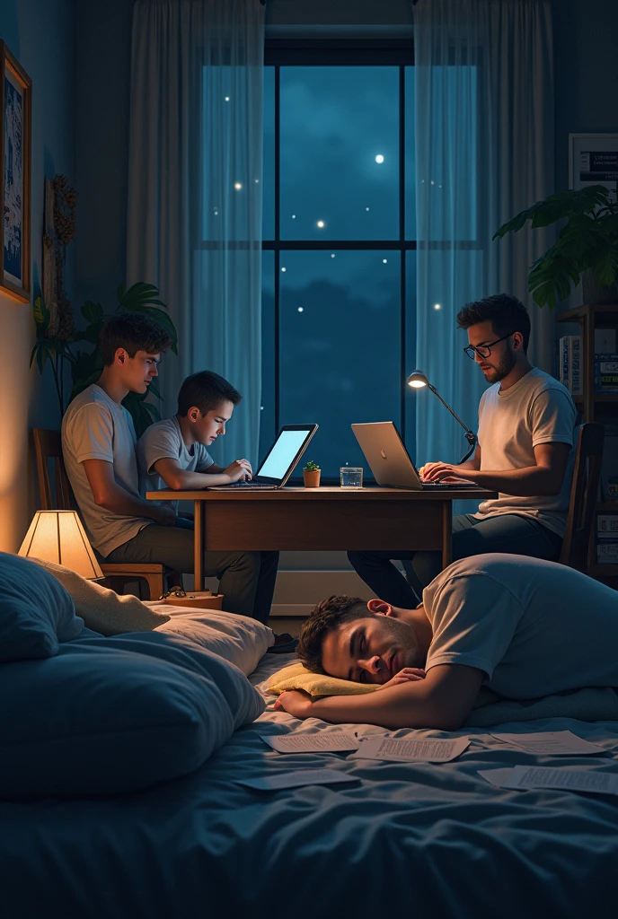 A realistic image of A man binge watching series and another man studying and another man working and another man working out and another man sleeping in the middle of the night