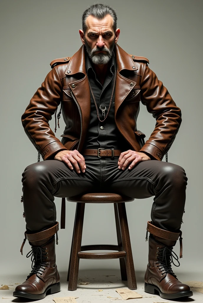 arafed man in leather jacket sitting on stool with his hands on his hips, dressed in biker leather, leather clothing and boots, leather, wearing leather jacket, leathery, dressed in leather jacket, wearing a full leather outfit, wearing a leather jacket, wearing leather, wearing cyberpunk leather jacket, leather clothing, leather clothes, black leather robes! intricate