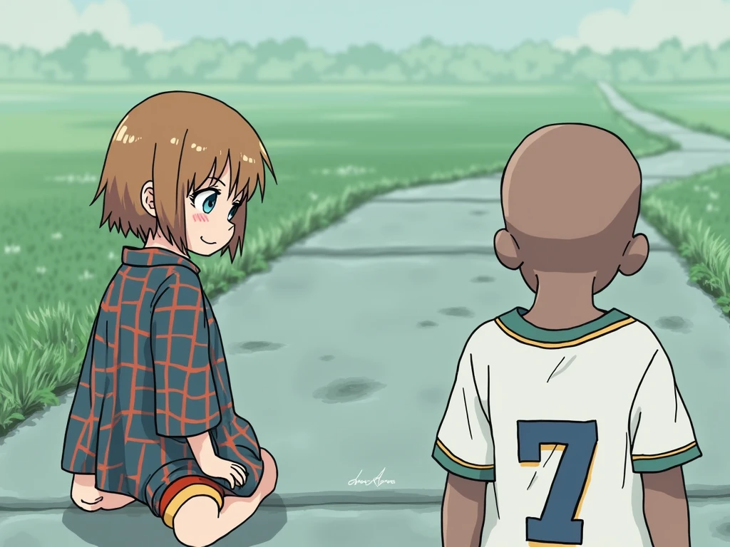1980s retro hand drawn ink. A small black boy named Greg Burke kneeling on concrete with short close crop shaved hair, in an all-white number seven sports jersey, loose-fitting plaid cotton boxers shorts and a Japanese small girl named Ikari Yu with medium length brown hair wearing an orange stripe kimono.