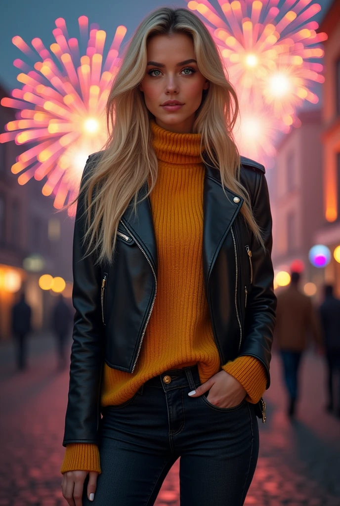 Create a realistic image of a 20 year old woman, Long blond hair, Blue eyes, cheekbones, ((full body)), dressed in black colored jeans, a mustard yellow colored sweater, a black colored leather jacket , heels, background image: fireworks, head to toe, full body, hyper realistic photo, dressed the same in all photos