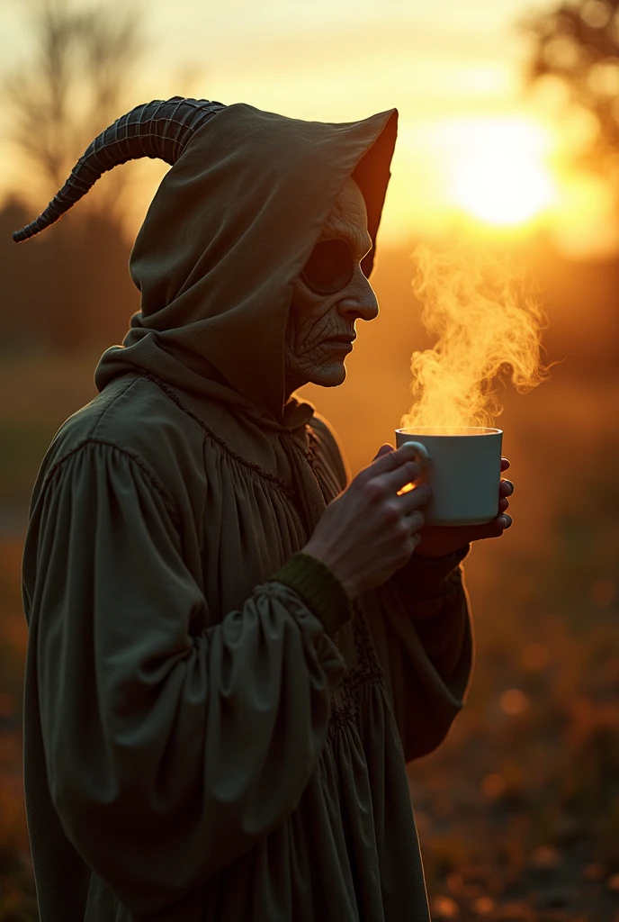 a person wearing a vintage Halloween costume drinking a morning cup of coffee, sunrise in the back ground, taken with a vintage camera on vintage film, creepy setting