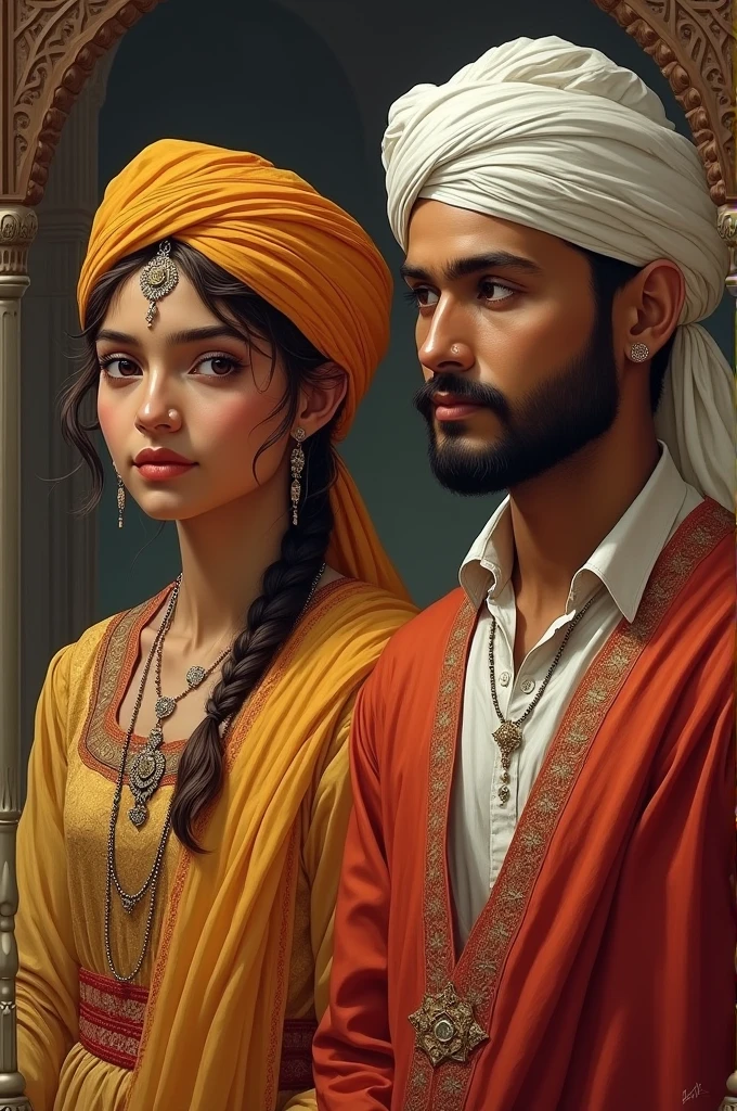 “Illustrate individual portraits of साहिबजादा जोरावर सिंह and साहिबजादा फतेह सिंह as young Sikh princes, dressed in traditional 18th-century clothing. Also, include a portrait of माता गुजरी जी in her traditional attire, with each character depicted with appropriate expressions of grace and dignity.”