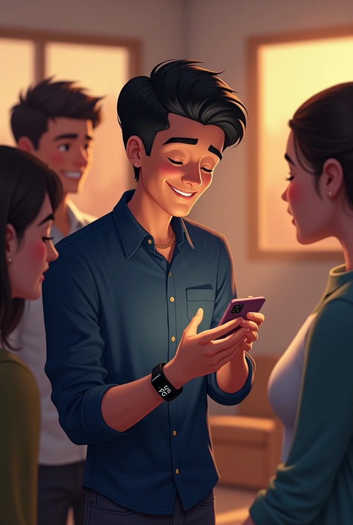 The men also became happy after seeing the girl's thank you message on Instagram on his phone, the boy is wearing a dark blue shirt, jeans and a smart watch, and the boy is still in the office