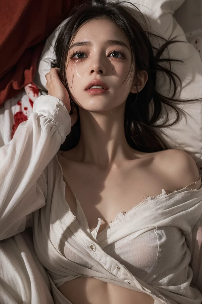 a sad and wounded girl crying on a bed, tattered clothes, blood on the white sheets, masterpiece, detailed facial features, highly detailed, photorealistic, dramatic lighting, cinematic composition, muted color palette, emotional expression, high quality, concept art