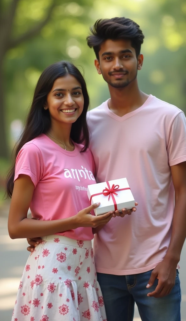 Photo of a beautiful cute girl age around 21 years, facial and body features like North East India, slim with good figure, height around 5feet 5 inch, wearing a pink t shirt written"Arpita" on it. Wearing A beautiful white skirt with pink pattern. She is holding a gift card with a gift , written "Happy Birthday Abhishek". She is Standing in front of a boy 6 feet tall named Abhishek. Abhishek is Fair colored north indian man of age 24. He is handsome. They both are in the space without any space suits.