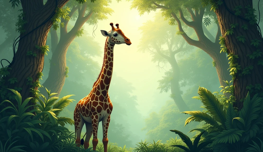 A full-page illustration of Giraffe gazing out over the jungle,
her serene expression and elevated vantage point hinting at her unique insight for children book