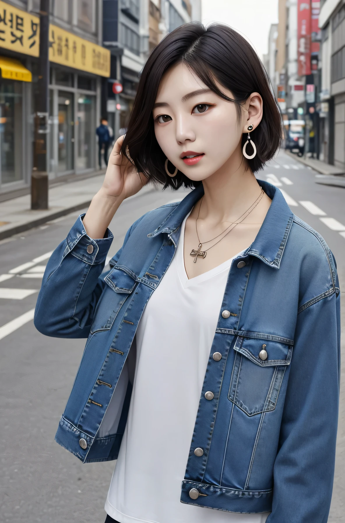 Neat and clean Korean women、、short hair、、Denim jacket、shirt、Please open your mouth a little、View your viewers, Earrings, necklace, _background,City street work underway