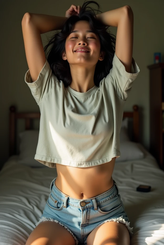 An 18-year-old Vietnamese girl, her youthful face adorned with a hint of morning glow, gently shaking off the last remnants of sleep. Her features are soft and inviting, with a chubby face that exudes warmth and a smile that is about to break through. Despite her fit body, she maintains a sense of modesty and comfort in her attire, wearing a pair of well-worn, light blue shorts that hug her hips just right. The focal point of the image is her stretch, as she raises her arms high above her head, yawning slightly. This action pulls her white, oversized t-shirt taut against her torso, revealing the outline of her ample breasts and the fact that she is braless. The t-shirt, slightly too large for her, has seen better days, bearing the faded logo of a forgotten band, adding a touch of character to her casual look. The soft fabric clings to her, hinting at the supple curves beneath, creating a tantalizing contrast between her chubby face and her more toned figure. Her eyes are still half-closed, her dark hair cascading around her in a messy halo as she stretches. The room she is in is bathed in the soft light of dawn, with the shadows playing across her form, highlighting the contours of her body. The setting is simple and lived-in, with the essence of a typical age bedroom - a messy bed with rumpled sheets and a few discarded items scattered on the floor. The overall mood of the image is one of natural, unguarded beauty, capturing a private moment of the girl's morning routine with an artful blend of innocence and sensuality.