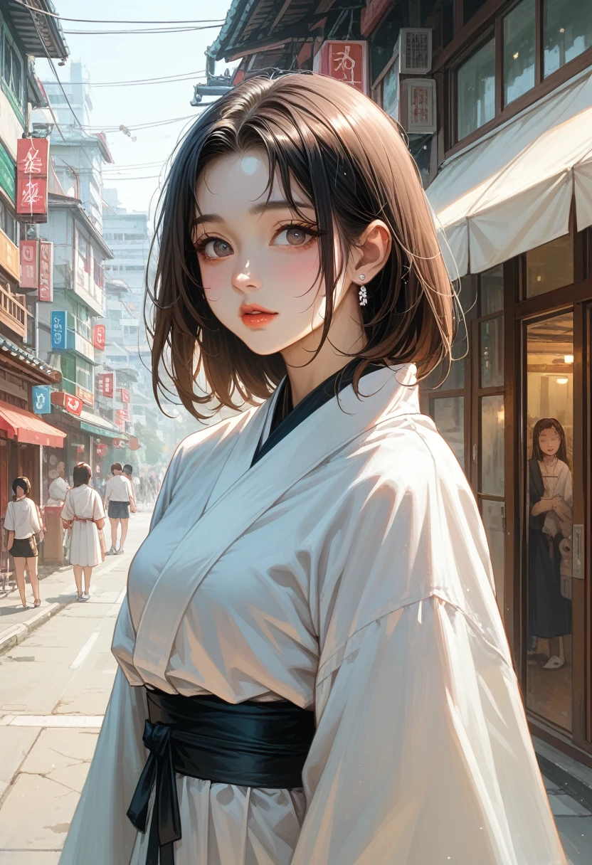 arafed woman standing on top of a building overlooking a city, ulzzang, korean girl, portrait of a japanese , dressed with long fluent clothes, 🤤 girl portrait, Chiho, Yoshitomo Nara, portrait of jossi of blackpink, young asian girl, from 8 k matte, e-girl, e - girl