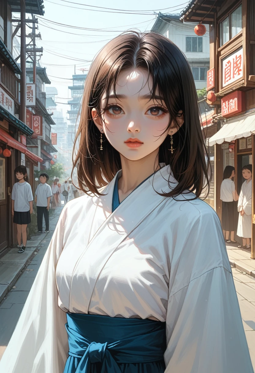 arafed woman standing on top of a building overlooking a city, ulzzang, korean girl, portrait of a japanese teen, dressed with long fluent clothes, 🤤 girl portrait, Chiho, Yoshitomo Nara, portrait of jossi of blackpink, young asian girl, from 8 k matte, e-girl, e - girl