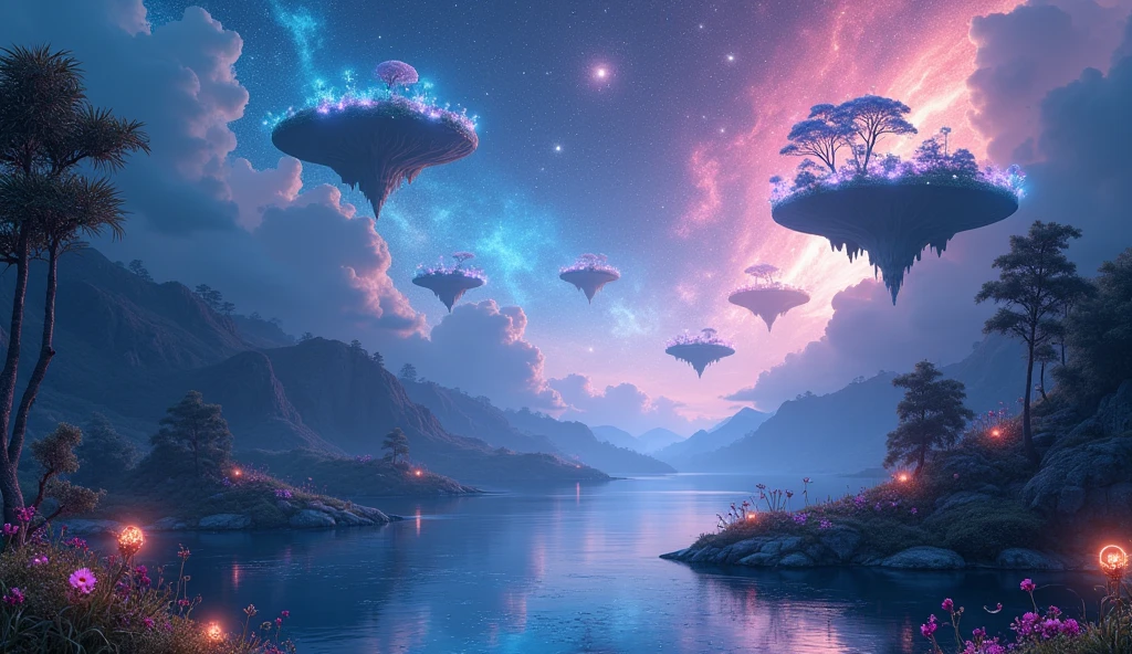 "a fantastical landscape enveloped in soft light, Shining Light, floating islands suspended in the air. the sky swirls with galaxies and twinkling stars々Filled with, radiating a gentle iridescent glow across the entire scene. Under, a still lake reflects the vibrant colors of distant nebulae, bioluminescent plants and flowers emit a faint light, Magical Aura. the atmosphere is serene and otherworldly, feeling limitless possibilities.