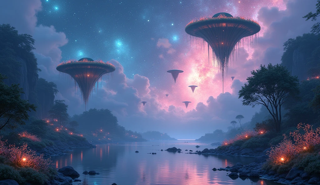 "a fantastical landscape enveloped in soft light, Shining Light, floating islands suspended in the air. the sky swirls with galaxies and twinkling stars々Filled with, radiating a gentle iridescent glow across the entire scene. Under, a still lake reflects the vibrant colors of distant nebulae, bioluminescent plants and flowers emit a faint light, Magical Aura. the atmosphere is serene and otherworldly, feeling limitless possibilities.