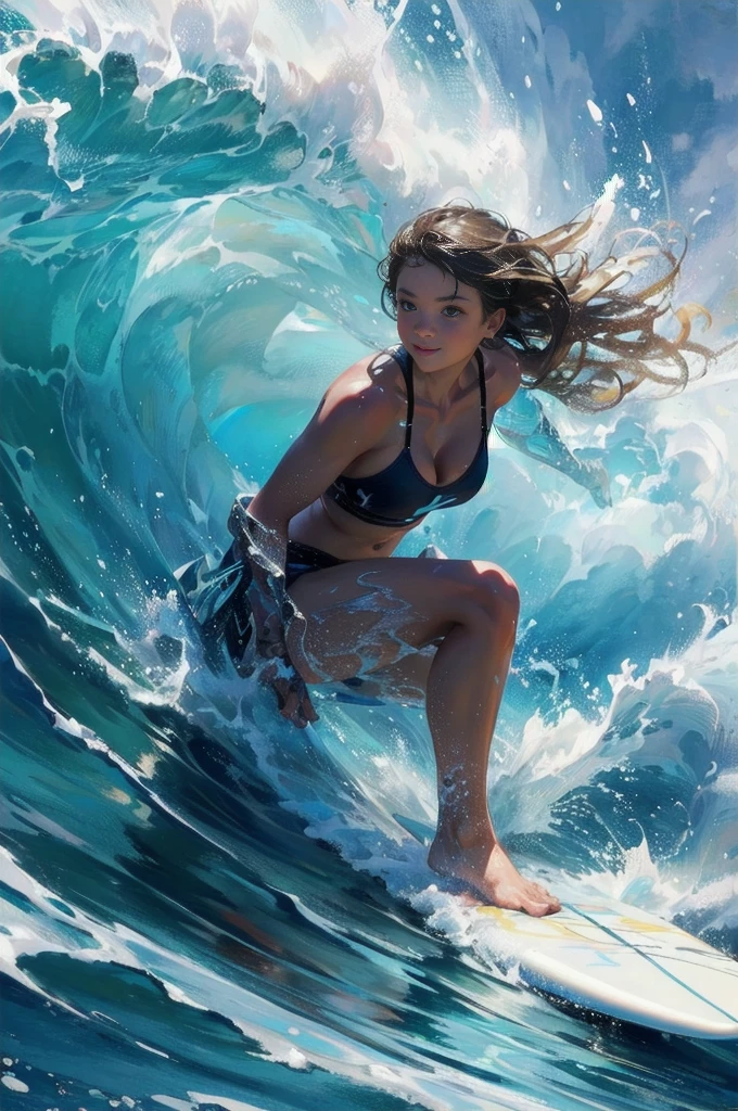 1girl, Surfing, a surfer riding a huge wave, ocean waves crashing, beautiful detailed eyes, beautiful detailed lips, extremely detailed face and skin, long hair blowing in the wind, muscular fit body, ocean spray, golden hour lighting, vibrant colors, cinematic composition, 8k, highres, masterpiece, best quality, very aesthetic, absurdres