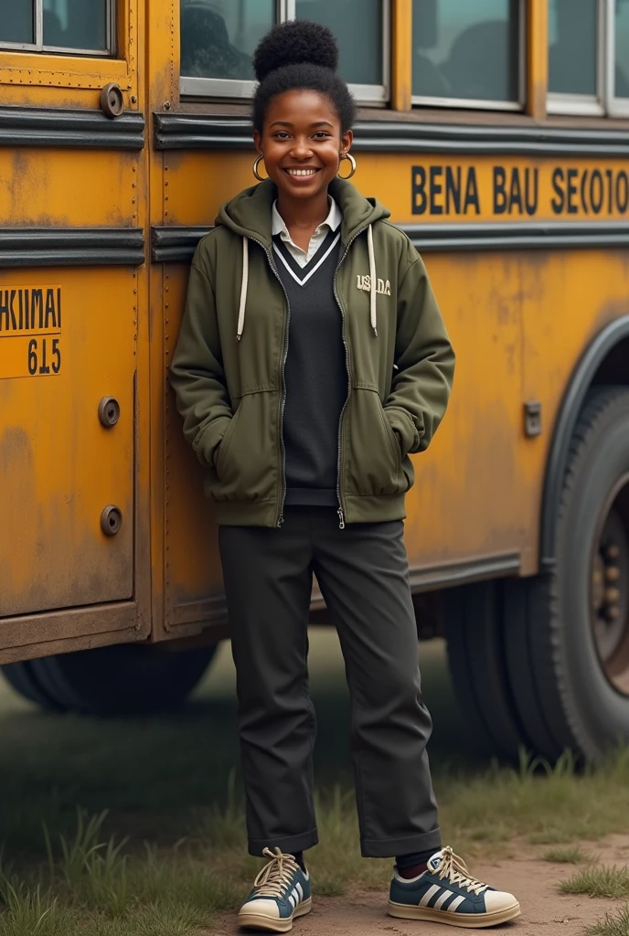 a woman with short hair,tied into one bun,wearing a army coloured hoodie,black and white collar shirt,long pants,sneakers,brown skin,smiling has,space teeth,standing beside a bus with the name bena bena secondary school make it realistic and looking like a papua new guinean