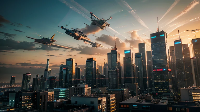 A futuristic city skyline at sunset with flying cars and glowing buildings.
