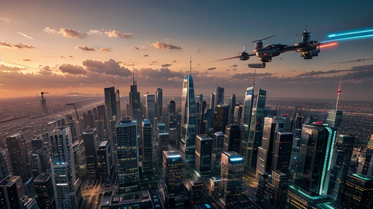A futuristic city skyline at sunset with flying cars and glowing buildings.