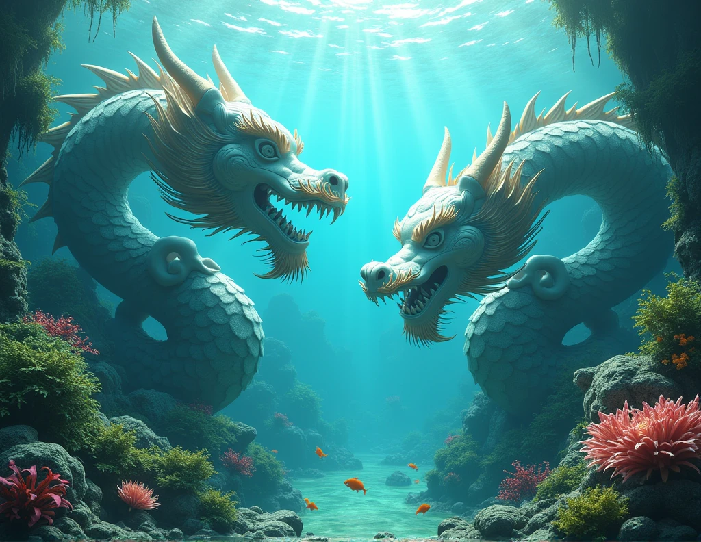 ((HD))，((超HD))，((The background is bright area)),((Sunlight shines down from above))，((Create beautiful light and shadow levels))。((Light penetrates the water))，((Illuminates the entire landscape),((Make details clearer)),(Two huge stone Chinese dragons facing each other,Its body lies prone under water and the plant stands in the middle of the water,You can see it all over your body)((The Chinese dragon&#39;s huge body covers stones and other objects))(There are a few fish and turtles swimming around.)，。((The plant grows luxuriantly))，((Forming a vibrant underwater forest scene))。((These plants not only decorate the underwater environment))，((It also provides shelter and food for fish.))

