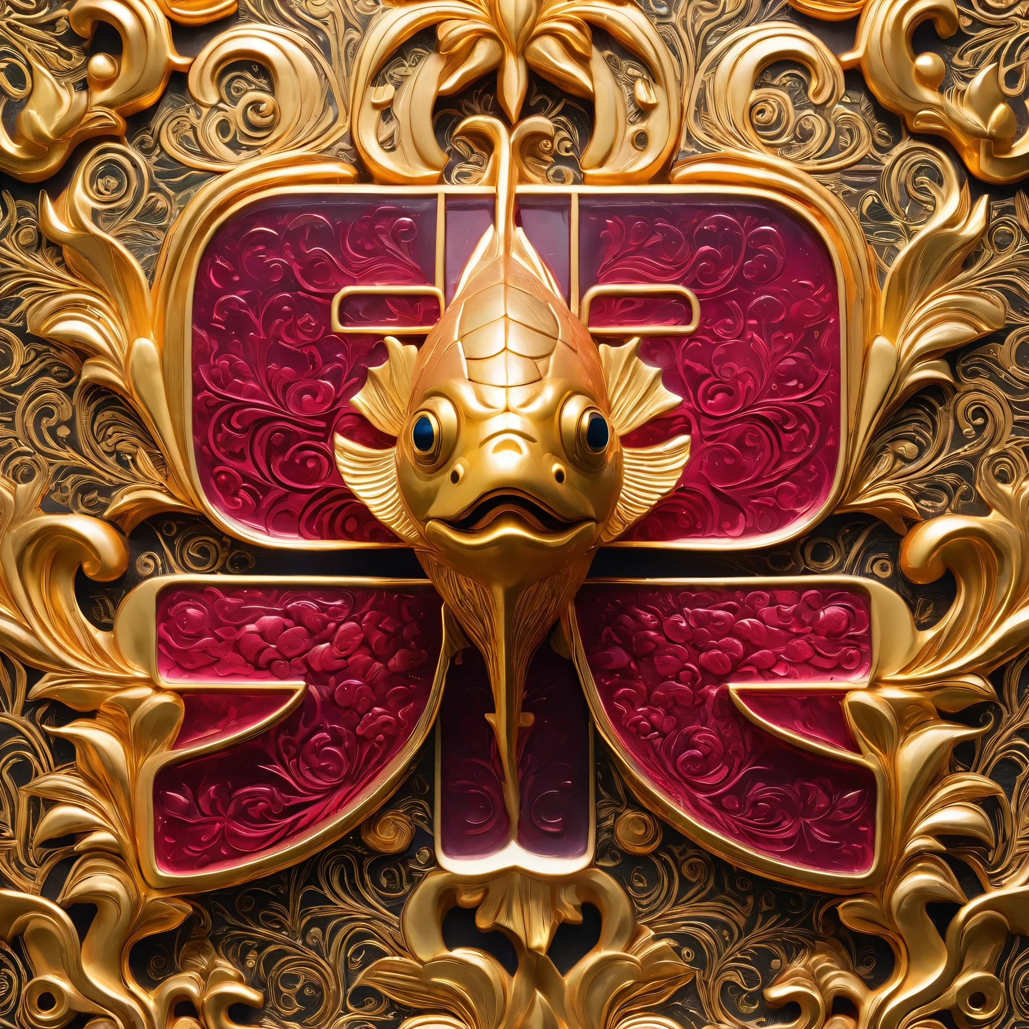 A series of gold sculptures of the same goldfish pattern from different angles,ruby,Medieval style,