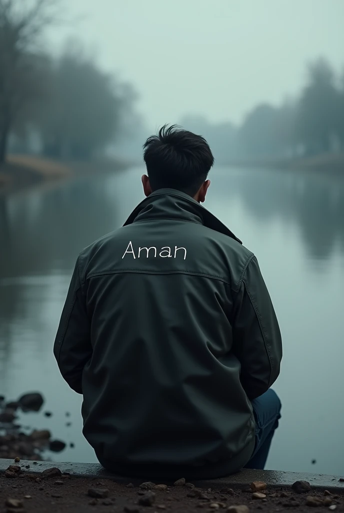 A somber scene with a Man sitting alone by the riverbank, his back turned to the viewer. The name 'Aman' is clearly written on the back of his jacket. The atmosphere is quiet and reflective, with the gentle flow of the river adding to the sense of sadness and solitude in this emotional 3D moment