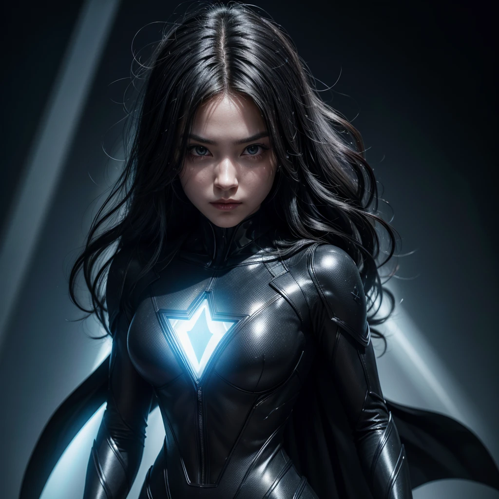 Create a superheroine with a black suit and her arms are transparent with rays inside, she has a face mask, her hair is flashing rays and her eyes are blue because of the rays. 