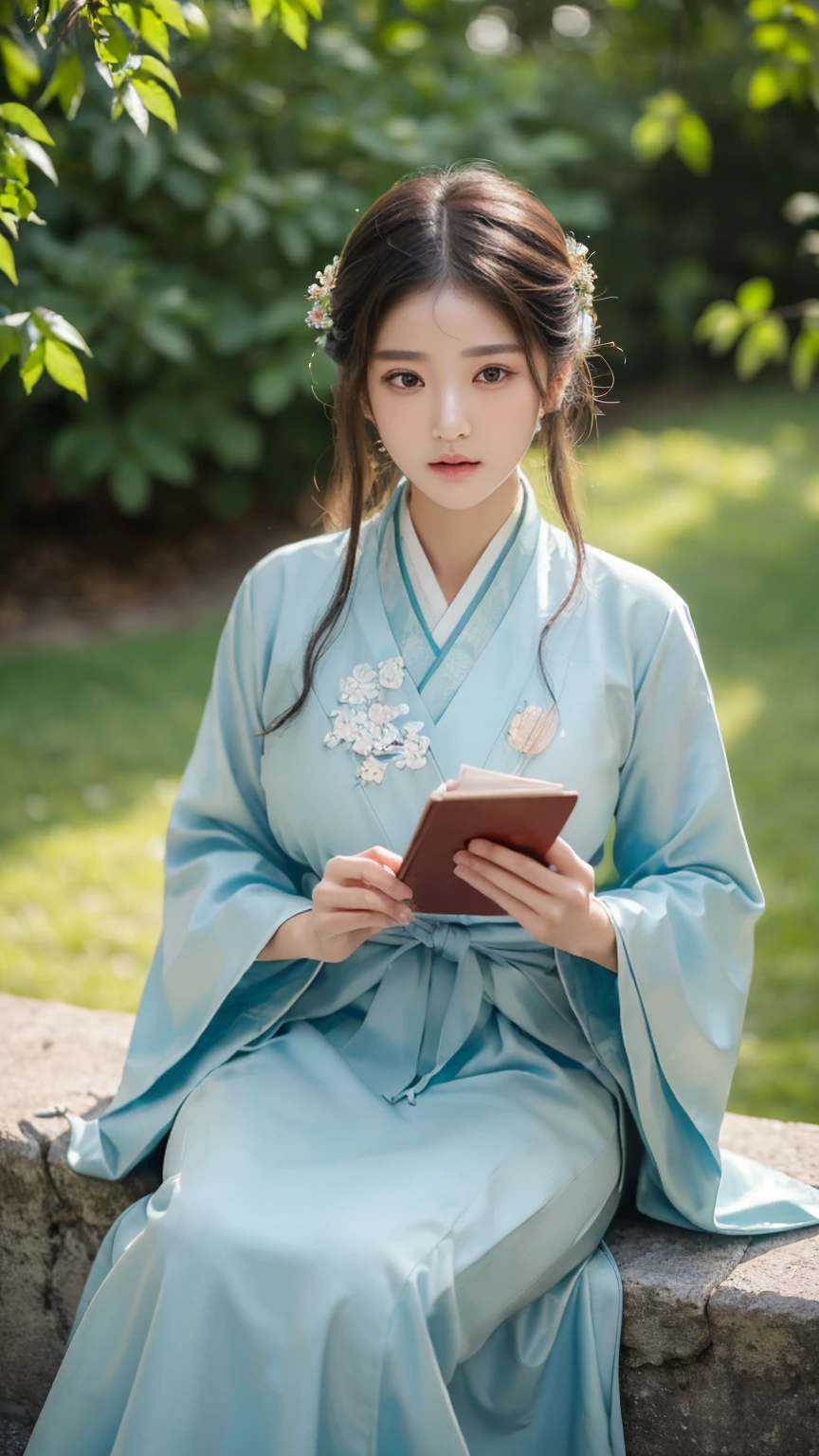 ((best quality, 8 thousand, masterpiece:1.4)), (1 25 year old woman), ((very small face:1.3)), (glowing skin:1.5), (Huge split breasts:1.4), Highly detailed face and skin texture, detailed eyes, Sitting on the stone steps, he is a book, korean he is a book, Hanfu, he is a book apron, beautiful south Korean woman, Traditional costume, Traditional arts, Korean woman, (어깨가 드러나는 스트랩리스 한국 Traditional costume:1.4), Clothes Dong,