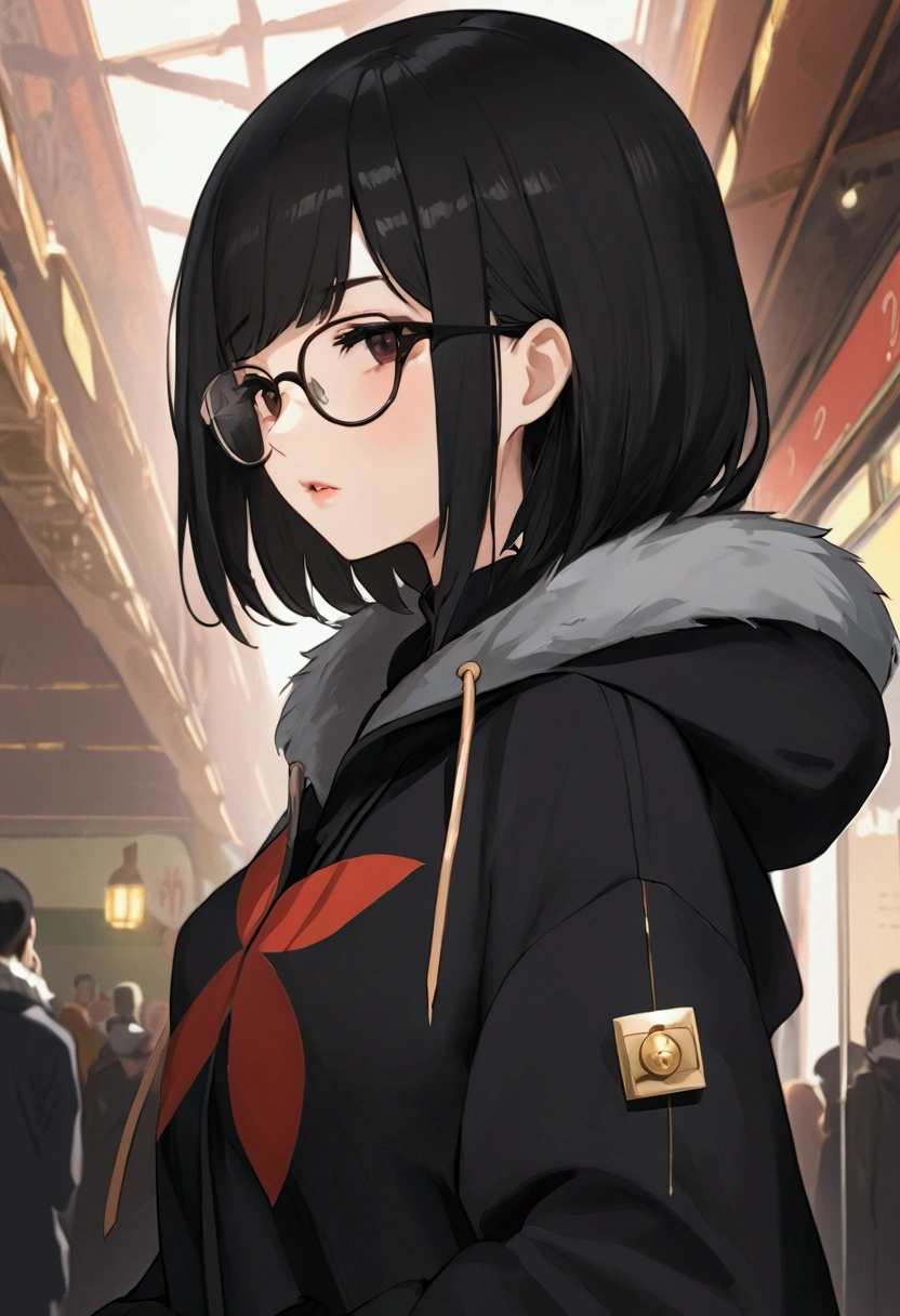 score_9, score_8_up, score_7_up, score_6_up, score_5_up, score_4_up, source_cartoon, rating_safe, Ayaki Blade, 1girl, shy, portrait,  looking down, front facing, black hoodie, fluffed collar, exposed midriff, abs, round glasses, black lips, long eyelashes, painted artstyle, black ushanka, shoulder length black hair cut in hime cut, hair tucked into collar,
