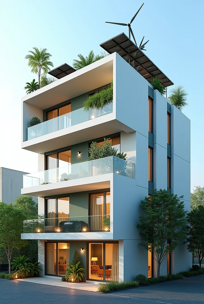 Draw 4 story apartment house with LED lights, solar panel, microwind turbines at the rooftop and rain water induced at the side of the building 
