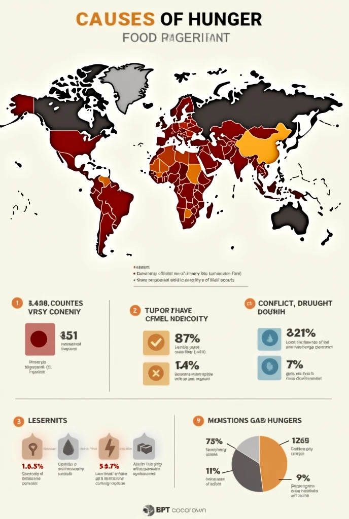 Create a detailed infographic-style image showing a global map with color-coded regions representing the levels of hunger across different countries. The map should include a legend that explains the severity of hunger, with darker colors indicating higher levels of food insecurity. The infographic also features key statistics, such as the percentage of the population affected by hunger in each region, alongside icons that represent the main causes (e.g., conflict, drought, poverty). Include a small inset bar chart comparing the top 10 countries most affected by hunger. The overall design should be clean, informative, and visually engaging, making complex data easy to understand at a glance.
