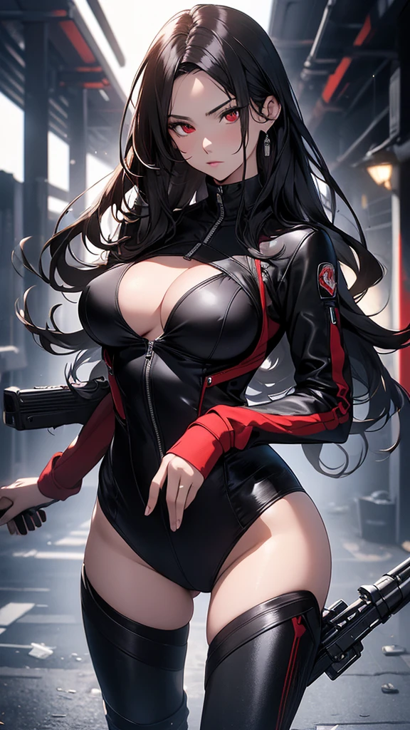 4K resolution,((Highest quality)),Ultra-high resolution,Adult women, alone, sexy, (Stern face), (Red eyes), Beautiful and symmetrical face, (Black irregular long hair), Black coat,Black suit pants,A mercenary woman,Realistic:1.4,Realistic:1.4,night,(masterpiece:1.2),Perfect Eyes,Perfect Eyes,Ample breasts,Holding a gun,In a dark warehouse,Curvy Body,Perfect Legs