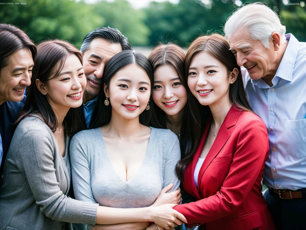 (A photo of a young, beautiful Korean female president dressed as a politician exchanging warm embraces with three elderly, gray-haired grandfathers.:1.3)(Grinning expression:1.2)(20-year-old:1.3)(Huge , There is cleavage in the chest:1.2),(Sweating profusely)(Huge boobs)(Elegant, shiny, long black hair:1.2))(8k, RAW Photos, Highest quality, masterpiece: 1.2),High-resolution RAW color photos, Professional photos, Very detailed and beautiful,(she&#39;She&#39;s very skinny but has big breasts:1.4), Small face:1.Perfect anatomical figure、(Browsing Caution:1.1)(Huge breasts that make your clothes burst: 0.9) (Huge胸 :1.4)(Classy makeup,eyeliner/eye shadow,lipstick,Fair skin,Beautiful Skin)(Full body photo:1.1)(Shiny Hair:1.3)(lipstick:1.2)(Too big earrings:1.2)(Beautiful female college student:1.2)(セクシーな韓国人sister:1.2)(sister:1.1))(Family group photo:1.3)(Box Coverage,Press conference:1.2)Off-the-shoulder blouse,