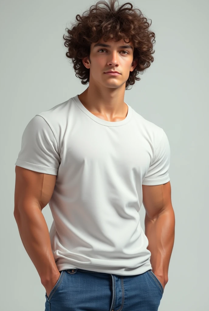 Photorealism:1.2), handsome boy, strong body, curly hairs, with baggy jean, white tshirt