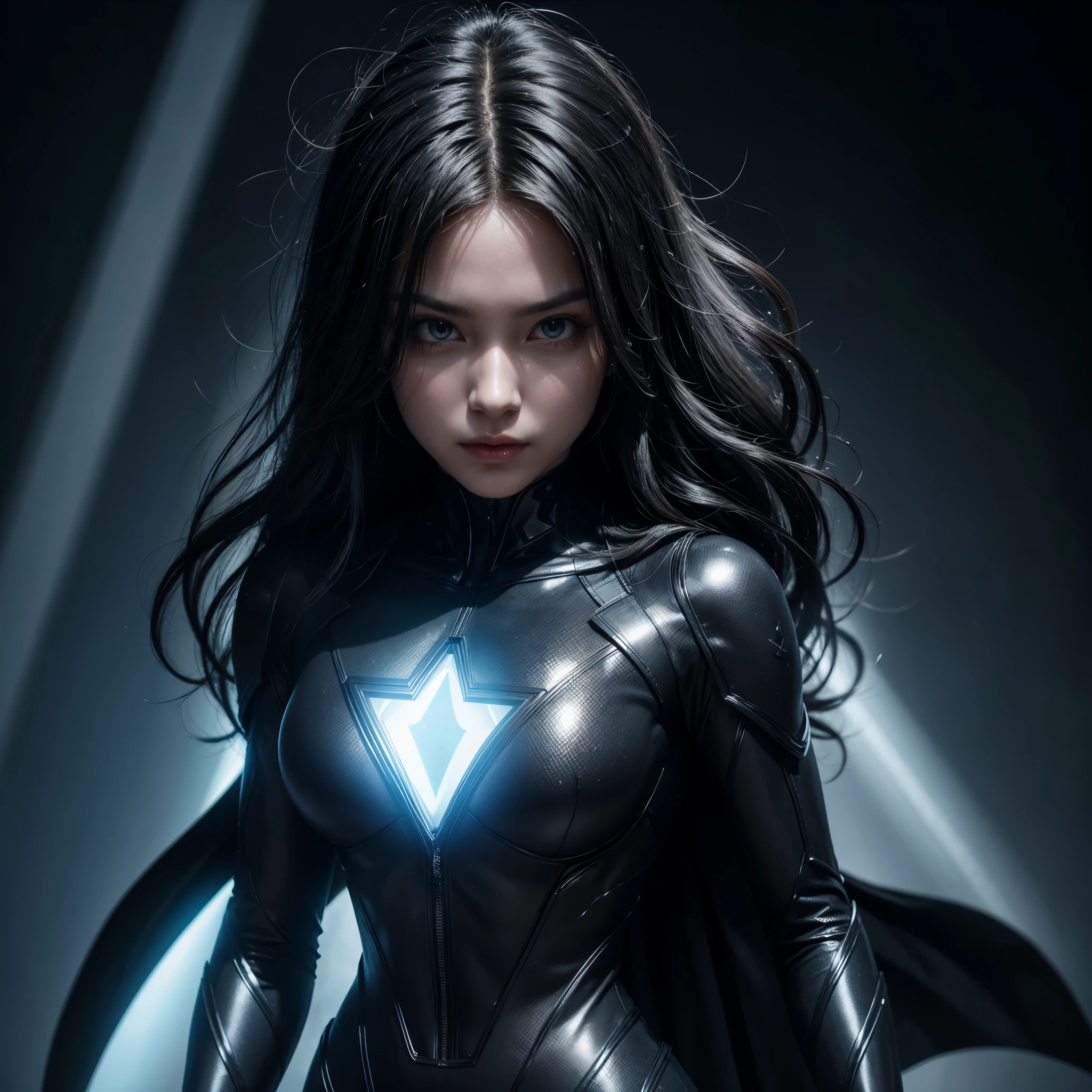 Create a superheroine with a black suit and her arms are transparent with rays inside, she has a face mask, her hair is flashing rays and her eyes are blue because of the rays.