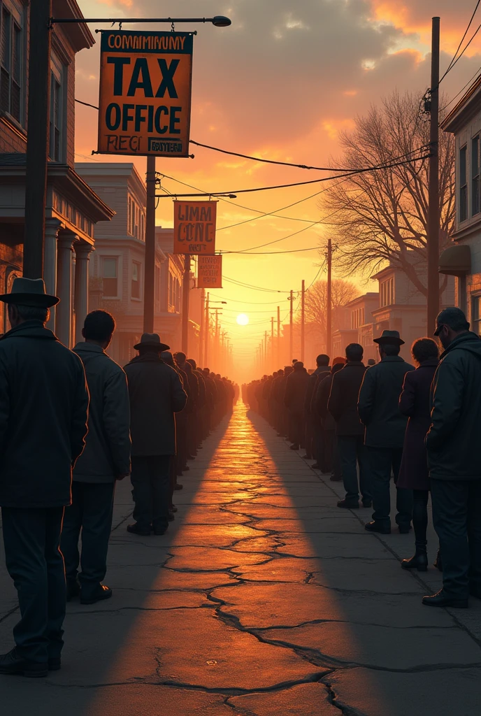 poignant scene of a once-thriving municipality facing bankruptcy, faded banners proclaiming community events, desolate atmosphere, citizens with slumped shoulders in line at the tax office, expressions of frustration and resignation, sunset behind town hall, long shadows on cracked pavement, mood of financial struggle and bittersweet necessity, cinematic, detailed artwork, hyperrealistic, emotional composition, 4k resolution