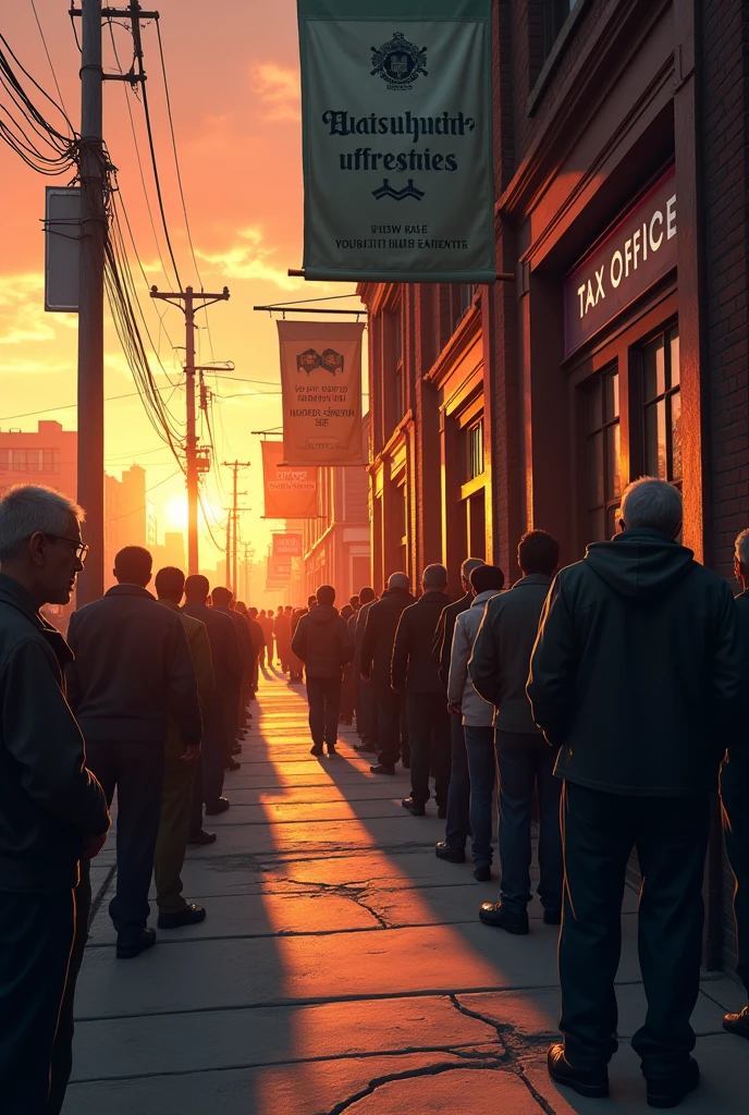 poignant scene of a once-thriving municipality facing bankruptcy, faded banners proclaiming community events, desolate atmosphere, citizens with slumped shoulders in line at the tax office, expressions of frustration and resignation, sunset behind town hall, long shadows on cracked pavement, mood of financial struggle and bittersweet necessity, cinematic, detailed artwork, hyperrealistic, emotional composition, 4k resolution