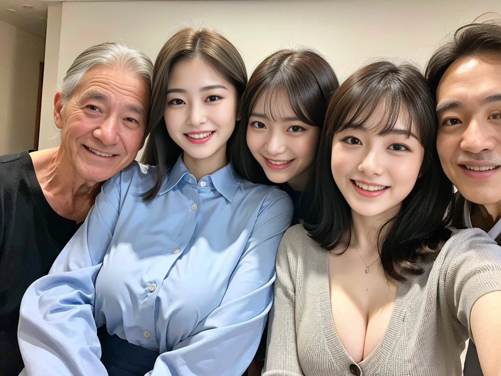 (A photo of a young, beautiful Korean female president dressed as a politician exchanging warm embraces with three elderly, gray-haired grandfathers.:1.3)(Grinning expression:1.2)(20-year-old:1.3)(Huge , There is cleavage in the chest:1.2),(Sweating profusely)(Huge boobs)(Elegant, shiny, long black hair:1.2))(8k, RAW Photos, Highest quality, masterpiece: 1.2),High-resolution RAW color photos, Professional photos, Very detailed and beautiful,(she&#39;She&#39;s very skinny but has big breasts:1.4), Small face:1.Perfect anatomical figure、(Browsing Caution:1.1)(Huge breasts that make your clothes burst: 0.9) (Huge胸 :1.4)(Classy makeup,eyeliner/eye shadow,lipstick,Fair skin,Beautiful Skin)(Full body photo:1.1)(Shiny Hair:1.3)(lipstick:1.2)(Too big earrings:1.2)(Beautiful female college student:1.2)(セクシーな韓国人sister:1.2)(sister:1.1))(Family group photo:1.3)(Box Coverage,Press conference:1.2)Off-the-shoulder blouse,