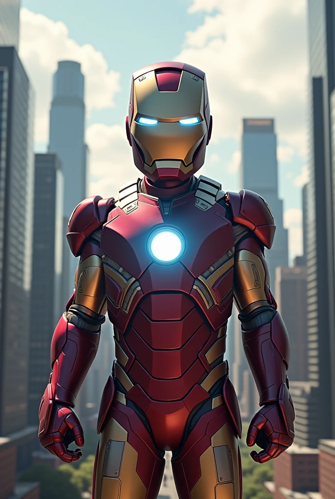 Real boy with costume iron man with building background standing post