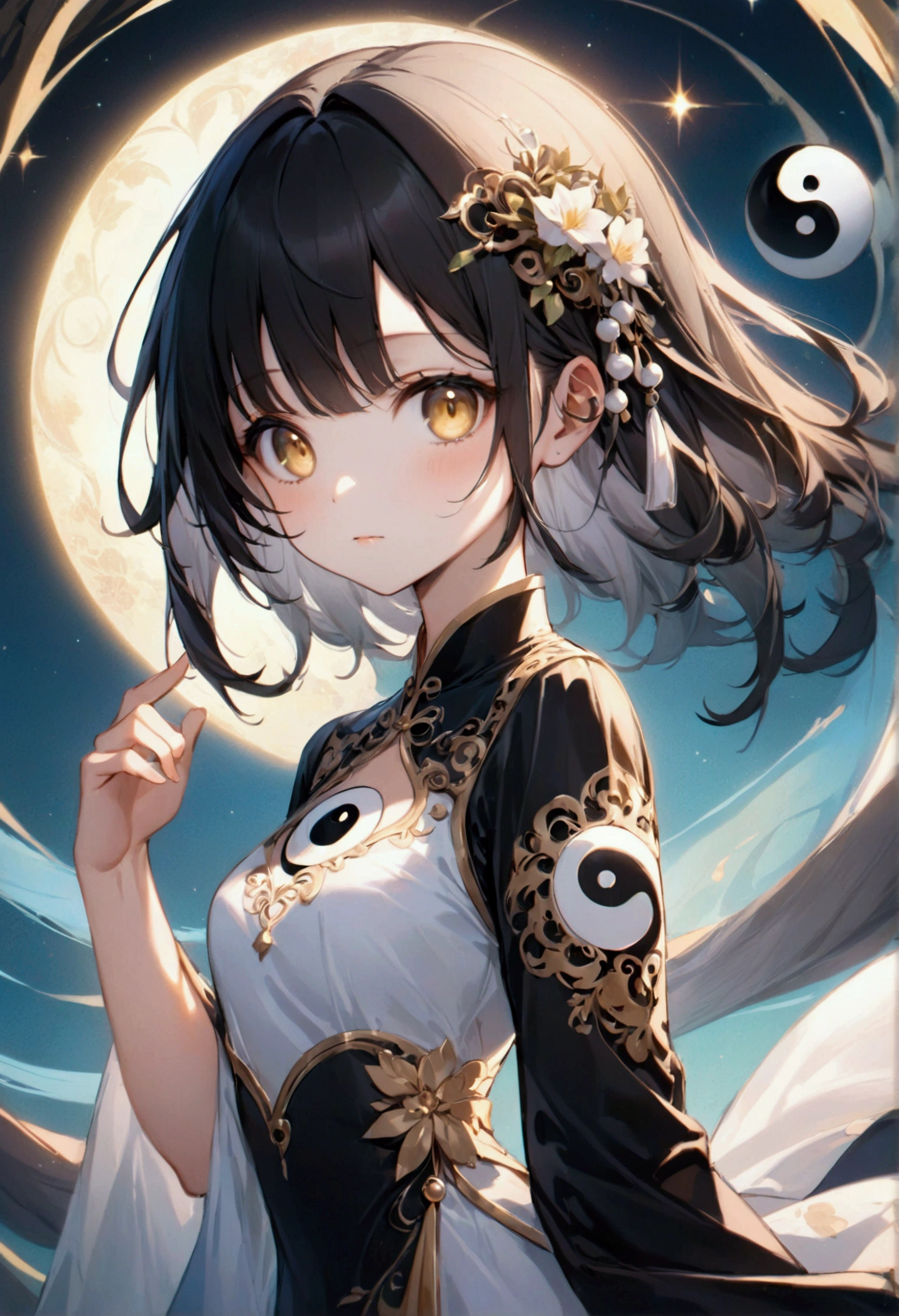 Anime girl with long straight black hair with white highlights, golden eyes,ying yang clothes, detailed body, detailed eyes, masterpiece, best quality, aesthetic, standard pose, 8k, high resolution, ultra-sharp.